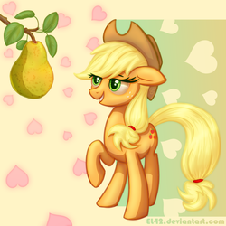 Size: 1000x1000 | Tagged: safe, artist:eltaile, applejack, earth pony, pony, g4, female, food, heart, pear, pearjack, silly, silly pony, solo