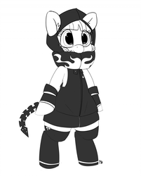 Size: 1280x1596 | Tagged: safe, artist:pabbley, lily longsocks, pony, g4, 30 minute art challenge, bipedal, black rock shooter, clothes, grayscale, hood, monochrome, simple background, socks, solo, strength, white background