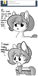 Size: 1220x2420 | Tagged: safe, artist:tjpones, oc, oc only, oc:brownie bun, earth pony, pony, horse wife, ask, chest fluff, clothes, comic, dialogue, dog pants, ear fluff, grayscale, meme, monochrome, pants, reversalmushroom, simple background, tumblr, white background