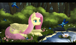 Size: 3920x2339 | Tagged: safe, artist:dezdark, fluttershy, butterfly, pony, g4, female, forest, high res, pond, solo