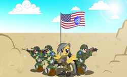 Size: 3769x2278 | Tagged: safe, artist:trungtranhaitrung, daring do, pony, g4, army, crossover, desert, flag, g.u.n, g36c, guardian units of nations, high res, m4 carbine, male, shield, sonic the hedgehog, sonic the hedgehog (series), symbol, united states, weapon