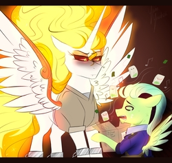 Size: 6700x6340 | Tagged: safe, artist:yumeyuuheii, daybreaker, oc, oc:cotten barley, alicorn, pegasus, pony, a royal problem, g4, absurd resolution, angry, box, clothes, duo, female, ginseng teabags, male, mane of fire, mare, scared, shirt, stallion, unamused