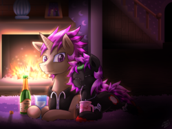 Size: 1500x1125 | Tagged: safe, artist:vavacung, oc, oc only, oc:darkaito, oc:midnight moon, pony, unicorn, vampony, alcohol, broken horn, cute, female, filly, fireplace, horn, horn ring, midnaito, wine