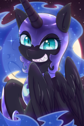 Size: 667x1000 | Tagged: safe, artist:tikrs007, nightmare moon, alicorn, pony, g4, cute, fangs, female, helmet, looking at you, mare, smiling, solo