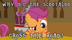 Size: 1172x652 | Tagged: safe, screencap, scootaloo, pegasus, pony, call of the cutie, g4, crossy road, female, meme, overused joke, scootachicken, text, thinking
