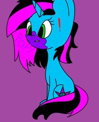 Size: 869x1068 | Tagged: safe, artist:rose honey-webb, oc, oc only, oc:raxonxvi, pony, unicorn, bubblegum, femboy, food, gum, male, popped bubble, simple background, sitting, solo, surprised