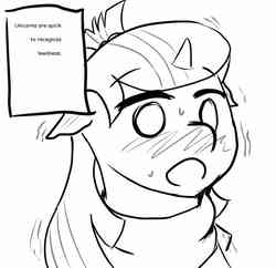 Size: 600x580 | Tagged: safe, artist:pony quarantine, moondancer, pony, unicorn, g4, blushing, clothes, elves are quick to recognize lewdness, female, lewd, meme, monochrome, open mouth, ponified, solo, sweater