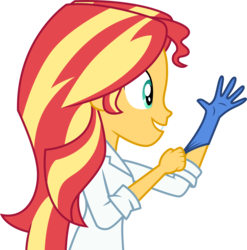 Size: 3001x3035 | Tagged: safe, artist:cloudy glow, sunset shimmer, equestria girls, g4, my little pony equestria girls: friendship games, the science of magic, .ai available, clothes, female, gloves, high res, lab coat, rubber gloves, simple background, smiling, solo, sunset the science gal, transparent background, vector