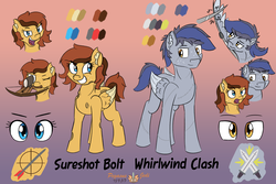 Size: 3000x2000 | Tagged: safe, artist:floofyfoxcomics, oc, oc only, oc:sureshot bolt, oc:whirlwind clash, pegasus, pony, blade, crossbow, female, high res, male, mare, mouth hold, reference sheet, stallion, weapon, wingblade