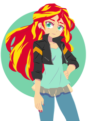 Size: 877x1221 | Tagged: safe, artist:hirosi41, sunset shimmer, equestria girls, g4, beautiful, clothes, cute, female, jacket, leather jacket, pants, shimmerbetes, smiling, solo