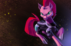 Size: 1024x658 | Tagged: safe, artist:envidia14, tempest shadow, pony, unicorn, g4, my little pony: the movie, abstract background, armor, broken horn, eye scar, female, horn, mare, scar, solo
