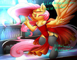 Size: 2800x2200 | Tagged: safe, artist:madacon, fluttershy, pegasus, anthro, g4, blushing, clothes, dialogue, dr jekyll and mr hyde, dress, drink, drunk, drunkershy, eyes closed, female, garter belt, glass, high res, hoof hands, mare, open mouth, singing, solo, song reference
