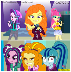 Size: 989x1003 | Tagged: safe, artist:conikiblasu-fan, adagio dazzle, aria blaze, orange sherbette, sonata dusk, sour sweet, starlight glimmer, equestria girls, equestria girls specials, g4, my little pony equestria girls: dance magic, my little pony equestria girls: mirror magic, angry, background human, beanie, derp, error, hat, microphone, replaced, the dazzlings