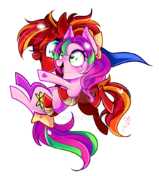 Size: 800x887 | Tagged: safe, artist:ipun, oc, oc only, oc:fire strike, oc:precious metal, pegasus, pony, bow, cape, clothes, female, hair bow, heart eyes, hug, mare, one eye closed, simple background, tail bow, transparent background, wingding eyes