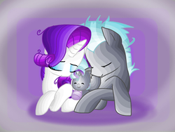 Size: 1024x768 | Tagged: safe, artist:andromedasparkz, rarity, thunderlane, pegasus, pony, unicorn, g4, cuddling, eyes closed, female, foal, male, mare, messy mane, offspring, parent:rarity, parent:thunderlane, parents:rarilane, prone, ship:rarilane, shipping, simple background, stallion, straight