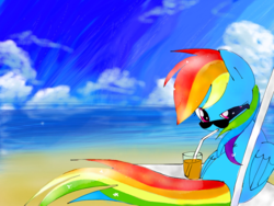 Size: 1024x768 | Tagged: safe, artist:andromedasparkz, rainbow dash, pegasus, pony, g4, beach, drink, female, looking at you, looking back, looking back at you, mare, ocean, rear view, sitting, solo, sunglasses