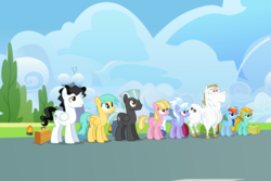 Size: 3750x2500 | Tagged: safe, artist:tomfraggle, bulk biceps, cloudchaser, lightning dust, meadow flower, mercury, rainbow dash, starry eyes (g4), sunshower raindrops, thunderlane, pegasus, pony, g4, wonderbolts academy, female, high res, male, mare, stallion, suitcase, vector