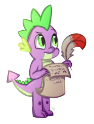 Size: 780x1025 | Tagged: safe, artist:kali-568, artist:soundwavepie, spike, dragon, g4, male, parchment, quill, simple background, solo, transparent background