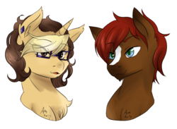 Size: 750x550 | Tagged: safe, artist:scribblesdesu, oc, oc only, oc:golden heart, oc:scribbles heart, pony, unicorn, bust, head, horn, looking at each other, portrait, scriden, unicorn oc