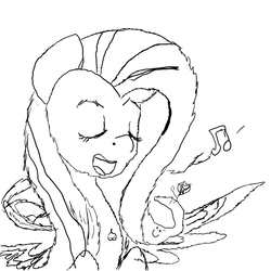 Size: 1024x1024 | Tagged: safe, artist:chikiz65, artist:poshox, fluttershy, pegasus, pony, g4, eyes closed, female, great drawing, mane, mare, music notes, open mouth, plagiarism, practice, shitposting, singing, smiley face, smiling, solo, spread wings, wings