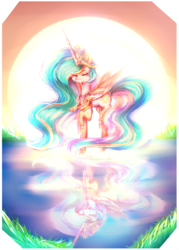 Size: 2000x2800 | Tagged: safe, artist:nutellaakanutella, princess celestia, alicorn, pony, g4, crown, eyes closed, female, high res, jewelry, mare, reflection, regalia, smiling, solo, sun, water