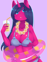 Size: 2030x2675 | Tagged: safe, artist:moe-chan, oc, oc only, oc:fizzy pop, unicorn, anthro, anthro oc, bikini, clothes, drink, floaty, floral necklace, high res, inner tube, lei, solo, swimsuit