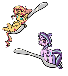 Size: 1800x2000 | Tagged: safe, artist:phyllismi, starlight glimmer, sunset shimmer, pony, unicorn, g4, duo, female, horse spooning meme, mare, meme, simple background, spoon, tiny ponies, white background
