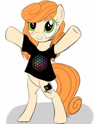 Size: 514x652 | Tagged: safe, artist:cottonaime, oc, oc only, oc:megan rouge, pony, clothes, coldplay, colored sketch, green eyes, hooves up, redhead, shirt, sketch, smiling, solo, standing