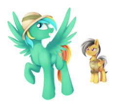 Size: 1024x900 | Tagged: safe, artist:dusthiel, daring do, oc, oc:typh, pegasus, pony, g4, accessory theft, commission, hat, male, pith helmet, raised hoof, simple background, spread wings, stallion, transparent background, wings