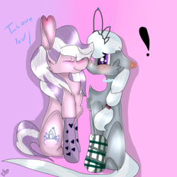 Size: 1000x1000 | Tagged: safe, artist:frecklesnow, diamond tiara, silver spoon, earth pony, pony, g4, accessory swap, adorabullies, blushing, boop, chest fluff, clothes, cute, duo, exclamation point, eyes closed, female, jewelry, lesbian, mare, missing accessory, noseboop, older, older silver spoon, ship:silvertiara, shipping, socks, tiara