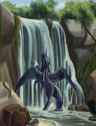 Size: 2680x3508 | Tagged: safe, artist:kirillk, oc, oc only, oc:nyx, alicorn, pony, unicorn, alicorn oc, bathing, black, butt, female, high res, mare, mountain, nudity, outdoors, plot, purple hair, solo, spread wings, water, waterfall, waterfall shower, wet, wet mane, wings
