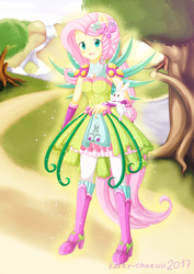 Size: 2480x3508 | Tagged: safe, artist:kateychazuu, angel bunny, fluttershy, rabbit, equestria girls, g4, my little pony equestria girls: legend of everfree, anime, boots, clothes, crystal guardian, crystal wings, cute, dress, duo, female, high heel boots, high heels, high res, looking at you, outdoors, ponied up, pony ears, ponytail, river, shoes, shyabetes, smiling, solo, sparkles, super ponied up, tree, wings