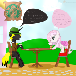 Size: 3000x3000 | Tagged: safe, artist:ricktin, oc, oc only, oc:gold rush, oc:stardust nicole silvermane, pony, unicorn, booster seat, bow, chair, clothes, coat, coffee, coffee cup, cup, cute, dialogue, donut, duo, duo male, femboy, food, hat, high res, male, sitting, stallion, table, trap