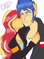 Size: 768x1024 | Tagged: safe, artist:brickercupmasterx3, flash sentry, sunset shimmer, equestria girls, g4, blushing, female, hug, kissing, male, ship:flashimmer, shipping, straight