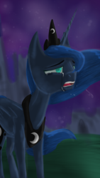 Size: 720x1280 | Tagged: safe, artist:backstabbing scumbags, princess luna, alicorn, pony, lullaby for a princess, g4, alternate timeline, crying, female, folded wings, night, parody, solo