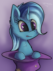 Size: 2232x3000 | Tagged: safe, artist:ferasor, trixie, pony, unicorn, g4, :o, bust, cheek fluff, chest fluff, clothes, cute, diatrixes, ear fluff, female, gradient background, hat, high res, leaning, mare, open mouth, simple background, solo, trixie's hat