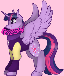 Size: 691x814 | Tagged: safe, artist:69beas, twilight sparkle, alicorn, pony, g4, clothes, collar, digital art, dress, elizabethan, female, mare, purple, ruff (clothing), simple background, smiling, solo, spread wings, twilight sparkle (alicorn), unshorn fetlocks, wings