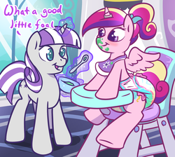 Size: 1840x1650 | Tagged: safe, artist:sylph-space, princess cadance, twilight velvet, pony, g4, adult foal, bib, blushing, chair, cute, cutedance, diaper, diaper fetish, feeding, female, fetish, highchair, horn, horn ring, magic suppression, messy eating, non-baby in diaper, poofy diaper, story in the source, urine, wet, wet diaper