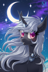 Size: 900x1348 | Tagged: safe, artist:margony, oc, oc only, pony, unicorn, commission, crescent moon, female, horn, horn ring, jewelry, looking at you, mare, moon, necklace, night, smiling, solo, starry night, stars