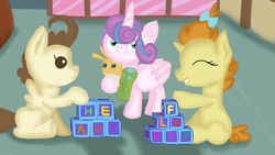 Size: 1280x720 | Tagged: safe, artist:jbond, pound cake, princess flurry heart, pumpkin cake, whammy, alicorn, pegasus, pony, unicorn, g4, baby, baby pony, colt, eyes closed, female, filly, foal, male, ship:pumpkin heart, sitting, smiling, spread wings, sugarcube corner, toy, trio, wings