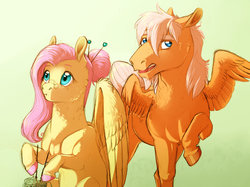 Size: 1280x957 | Tagged: safe, artist:vindhov, fluttershy, oc, oc:bumble, pegasus, pony, g4, :t, duo, female, glasses, male, mare, mother and son, offspring, older, parent:fluttershy, parent:ponet, parents:ponetshy, raised hoof, stallion