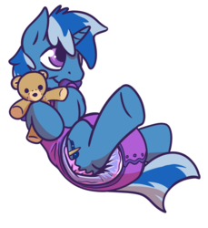 Size: 1329x1450 | Tagged: safe, artist:sylph-space, oc, oc only, oc:midnight brush, pony, cute, diaper, non-baby in diaper, onesie, pacifier, poofy diaper, solo, teddy bear
