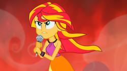 Size: 1920x1080 | Tagged: safe, screencap, sunset shimmer, equestria girls, g4, my little pony equestria girls: rainbow rocks, clothes, female, microphone, skirt, solo, welcome to the show, windswept mane