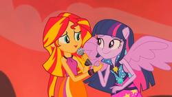 Size: 1920x1080 | Tagged: safe, screencap, sunset shimmer, twilight sparkle, equestria girls, g4, my little pony equestria girls: rainbow rocks, clothes, female, holding hands, microphone, ponied up, rainbow rocks outfit, shipping fuel, skirt, twilight sparkle (alicorn), welcome to the show