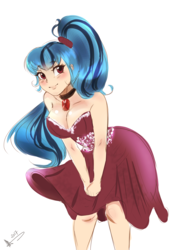 Size: 2344x3125 | Tagged: safe, artist:mrscurlystyles, sonata dusk, equestria girls, g4, my little pony equestria girls: rainbow rocks, adorasexy, arm boob squeeze, bare shoulders, beautiful, breasts, busty sonata dusk, cleavage, clothes, collar, cute, dress, female, high res, human coloration, looking at you, sexy, simple background, sleeveless, smiling, solo, strapless, stupid sexy sonata dusk, white background