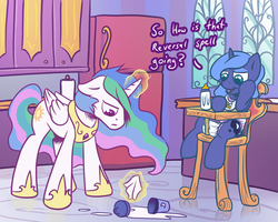 Size: 1280x1024 | Tagged: safe, artist:sylph-space, princess celestia, princess luna, alicorn, pony, g4, age regression, bib, bottle, chair, cup, diaper, duo, female, filly, foal, highchair, kitchen, magic, milk, momlestia, sippy cup, spill, telekinesis, woona, younger