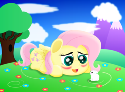 Size: 1350x1000 | Tagged: safe, artist:spellboundcanvas, angel bunny, fluttershy, pegasus, pony, g4, blushing, cute, female, flower, mountain, shyabetes, tree, wings, younger