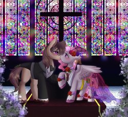 Size: 1023x939 | Tagged: safe, artist:hosikawa, oc, oc only, oc:beryl (discoshy), oc:iron granite, hybrid, pony, christianity, church, clothes, couple, dress, duo, female, flower, husband and wife, interspecies offspring, iryl, kissing, male, marriage, multiple pregnancy, oc x oc, offspring, offspring shipping, parent:big macintosh, parent:discord, parent:fluttershy, parent:marble pie, parents:discoshy, parents:marblemac, pregnant, rose, shipping, stained glass, straight, wedding, wedding dress