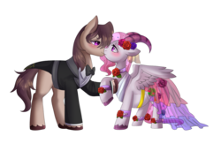 Size: 1023x698 | Tagged: safe, artist:hosikawa, oc, oc only, oc:beryl (discoshy), oc:iron granite, hybrid, pony, clothes, couple, dress, duo, female, flower, husband and wife, interspecies offspring, iryl, kissing, male, marriage, oc x oc, offspring, offspring shipping, parent:big macintosh, parent:discord, parent:fluttershy, parent:marble pie, parents:discoshy, parents:marblemac, pregnant, rose, shipping, simple background, straight, transparent background, wedding, wedding dress