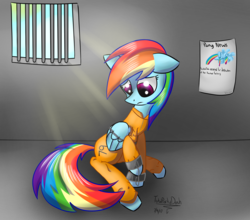 Size: 2152x1894 | Tagged: safe, artist:totalpartydash, rainbow dash, pony, g4, bound wings, chains, clothes, cuffed, cuffs, female, handcuffed, jail, poster, prison, prison outfit, prisoner, prisoner rd, sad, shackles, solo